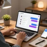 User interacting with CrushOn AI on laptop in stylish home office, showcasing vibrant AI character chats.