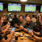 Excited sports bettors using mm 88 for live wagering in a vibrant bar atmosphere