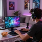 Gamer immersed in mind control porn game on laptop in lively living room setting.