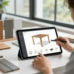 Scena coinvolgente di un software configuratore pergole in azione con un designer che personalizza un modello di pergola su un tablet digitale in un vivace spazio di lavoro.