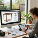 Custom pergola design using software configuratore pergole in a contemporary outdoor studio.
