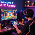 Nổ Hũ Online gaming scene with a player using a tablet amidst vibrant accessories and neon lights.