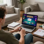 Engaging player enjoying nk88 online casino game on a laptop with vibrant poker graphics.