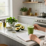 Sigarette elettroniche e olio di CBD in una cucina moderna con ingredienti freschi, promuovendo il benessere naturale.