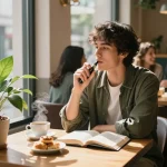 Persona che utilizza un vape pen THC in un accogliente caffè, godendosi un'atmosfera rilassata con caffè e dolci.