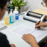 Bóc lớp ép plastic demonstration in a professional setting, showcasing safe techniques for document preservation.