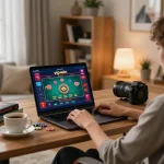 Engaging in online gambling strategies on vipwin platform at a cozy home setup.