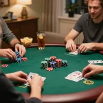 Friends enjoying an exciting poker game at home while using F168 strategies for winning.