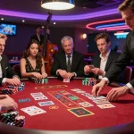 Players engaging in strategic blackjack gameplay at 98win. com casino table under vibrant neon lights.