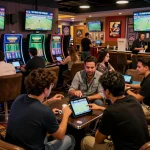 Tỷ lệ kèo trực tuyến displayed on screens in a lively sports betting lounge, capturing the excitement of bettors engaged in the action.