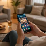 Enjoying mm88 slot games on a smartphone in a cozy home setting.