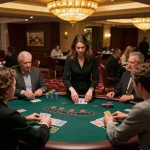 Players at a Jun88 blackjack table focusing intently on their cards while the dealer deals, showcasing an exciting casino atmosphere.