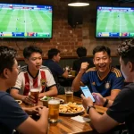 Excited patrons placing bets on nhà cái bóng đá 388bet at a lively sports pub with live football matches on screen.
