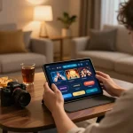 Engaging with LC88 online casino app on a tablet in a cozy gaming setup.
