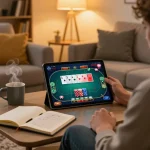 77WIN player enjoying a winning moment on poker game interface on tablet in cozy living room