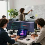 Interactive team collaborating on sex AI chat technology in a modern office.