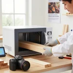 Dimostrazione del dispositivo microonde antitarlo in un laboratorio di controllo dei parassiti, che mostra un trattamento efficace per il legno.
