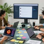 Creative team collaborating on spicy AI projects in a modern workspace, showcasing diverse professionals and innovative technologies.