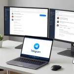 Using the Telegram web version on a sleek laptop at a modern workspace with dual monitors.