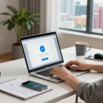 WPS Download in a modern home office with a focused user on a laptop, organized desk, and city view.