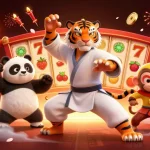 Experience the vibrant excitement of W188 com with kung fu tiger and playful characters in a dynamic casino scene.