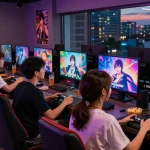 Diverse friends enjoying an adult game in a lively lounge setting with engaging visuals.