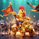 Experience thrilling gameplay at rr88 with a dynamic 3D illustration showcasing casino elements and characters.