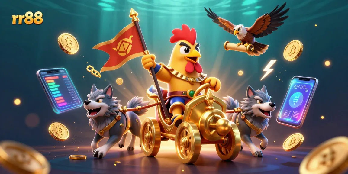 Experience thrilling gameplay at rr88 with a dynamic 3D illustration showcasing casino elements and characters.