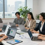 IT support businesses team analyzing solutions together in a modern office environment with laptops and analytics dashboards.