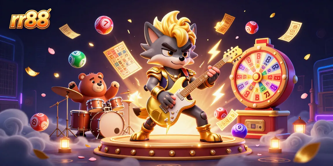 Experience thrilling gaming action at rr88 with vibrant lottery balls, golden tickets, and cartoon characters.