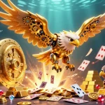 Experience thrilling gameplay at gg88 with a dazzling scene of a cybernetic eagle amid glowing treasure.