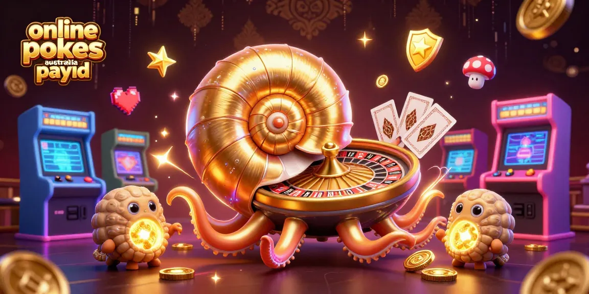 Engage in online pokies Australia payID with vibrant, detailed casino illustration showcasing pokie machines and an ancient nautilus character.