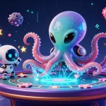 Immerse in the world of sunwin chính thức, featuring an alien octopus at a holographic poker table amidst dynamic gaming elements.