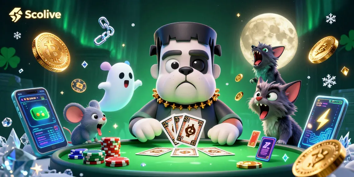 Socolive showcases a thrilling card game scene with a bulldog dealer and ghostly mouse amidst dynamic crypto elements.