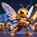 Engage in australian online pokies with colorful dynamic elements from 3D illustration of a golden hornet warrior.