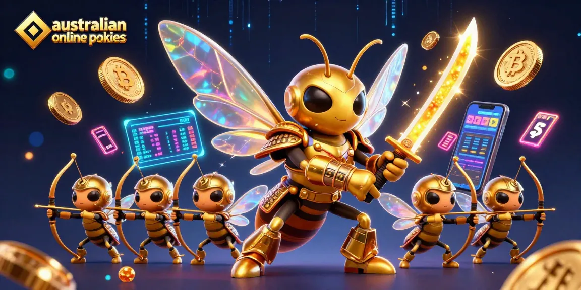 Engage in australian online pokies with colorful dynamic elements from 3D illustration of a golden hornet warrior.