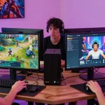 Komunitas gaming megawin88 yang interaktif dan energik, dengan pemain terlibat dalam permainan online.